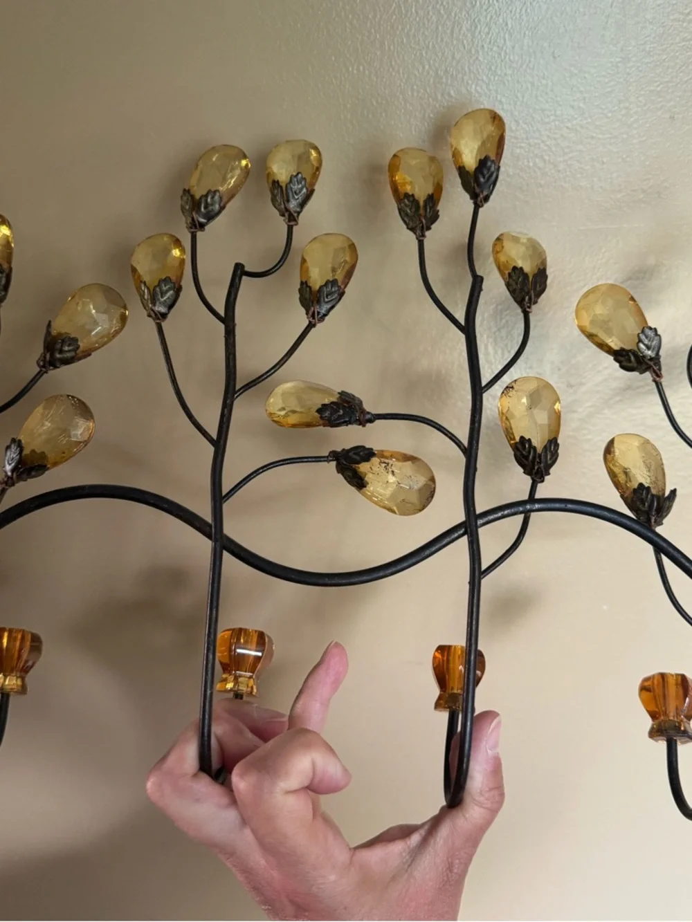 Metal Wall Plaque Coat Hat Towel Hook With Amber Acrylic Crystal Knobs 4 Hook
